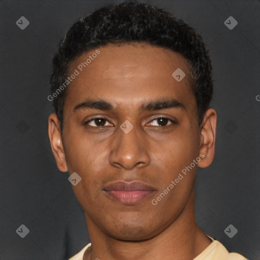 Neutral latino young-adult male with short  black hair and brown eyes
