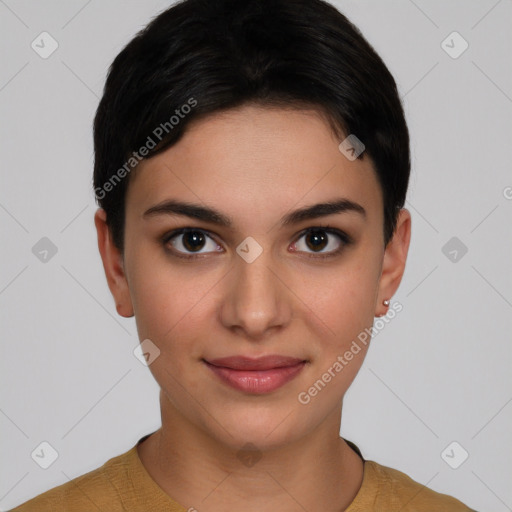 Joyful white young-adult female with short  black hair and brown eyes