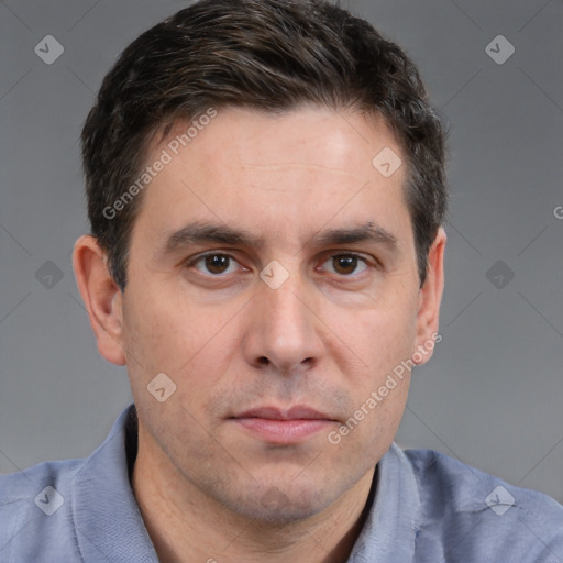 Neutral white adult male with short  brown hair and brown eyes