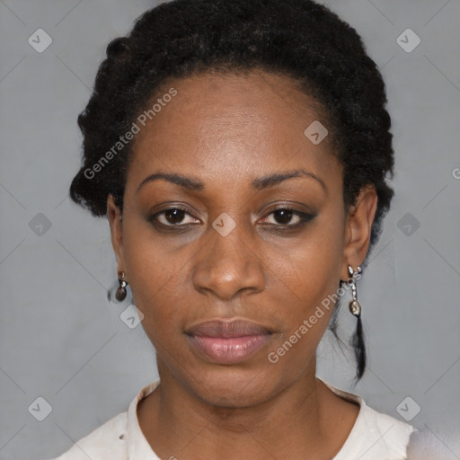 Neutral black young-adult female with short  black hair and brown eyes