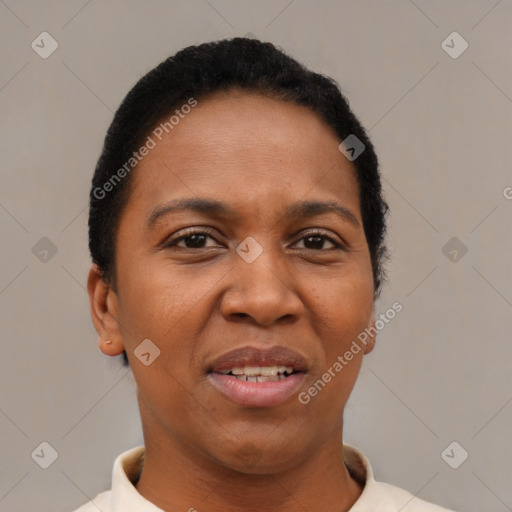 Joyful black young-adult female with short  brown hair and brown eyes