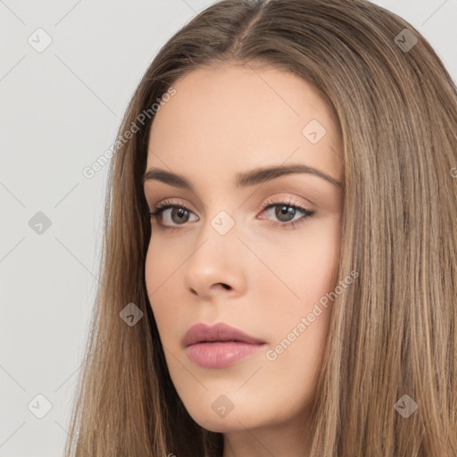 Neutral white young-adult female with long  brown hair and brown eyes