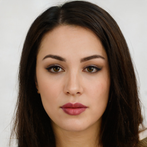 Neutral white young-adult female with long  brown hair and brown eyes