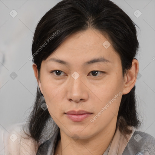 Neutral asian young-adult female with medium  brown hair and brown eyes