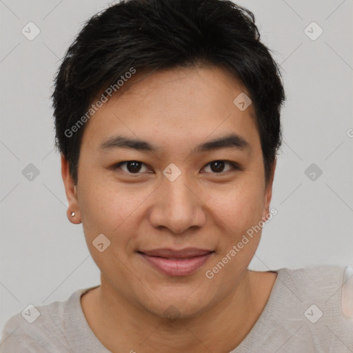 Joyful asian young-adult male with short  brown hair and brown eyes