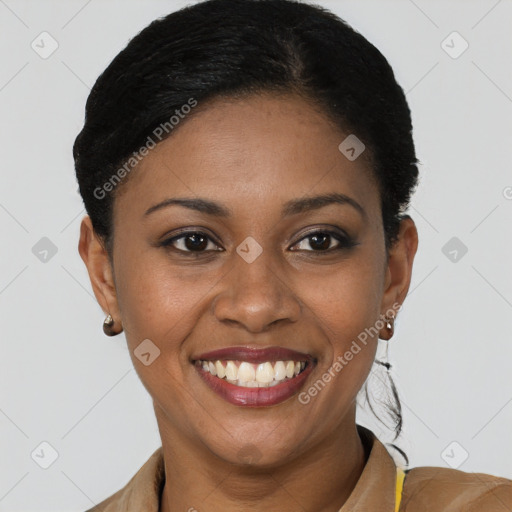 Joyful latino young-adult female with short  black hair and brown eyes