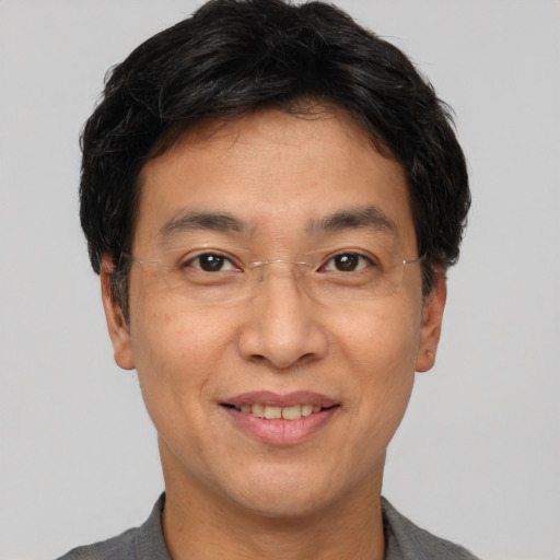 Joyful asian adult male with short  black hair and brown eyes