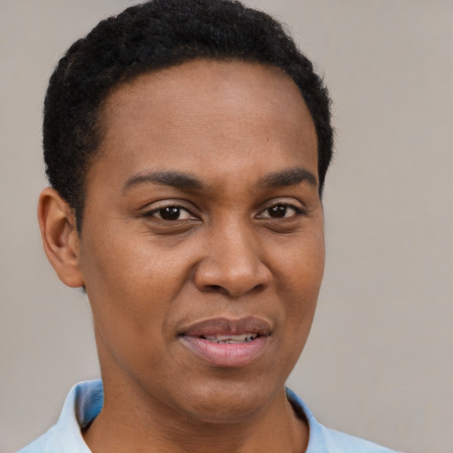 Joyful black young-adult male with short  brown hair and brown eyes