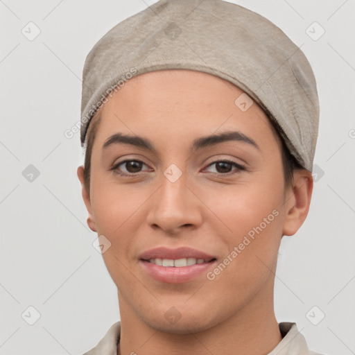 Joyful white young-adult female with short  brown hair and brown eyes