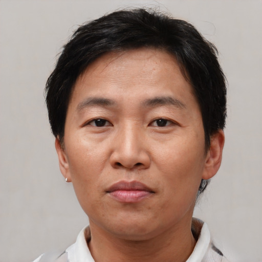 Neutral asian adult male with short  brown hair and brown eyes
