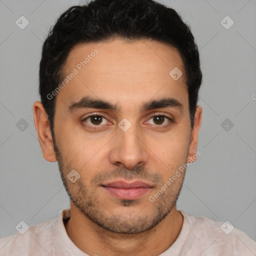 Neutral white young-adult male with short  black hair and brown eyes