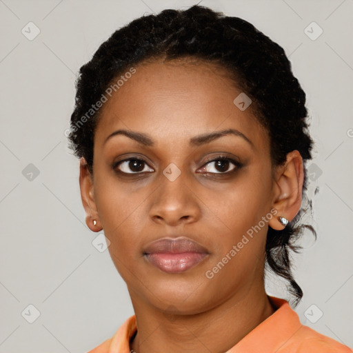 Neutral black young-adult female with short  black hair and brown eyes