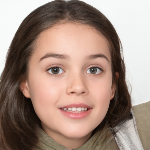 Joyful white child female with medium  brown hair and brown eyes