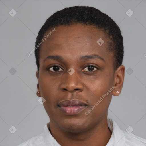 Neutral black young-adult female with short  black hair and brown eyes