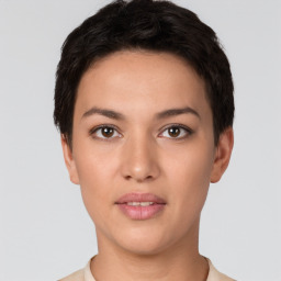 Neutral white young-adult female with short  brown hair and brown eyes