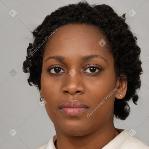 Neutral black young-adult female with short  black hair and brown eyes