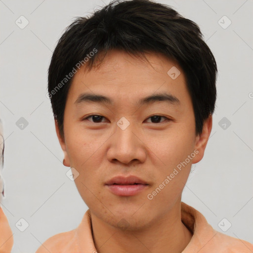 Neutral asian young-adult male with short  black hair and brown eyes