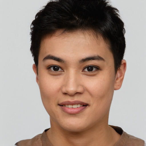 Joyful asian young-adult female with short  brown hair and brown eyes