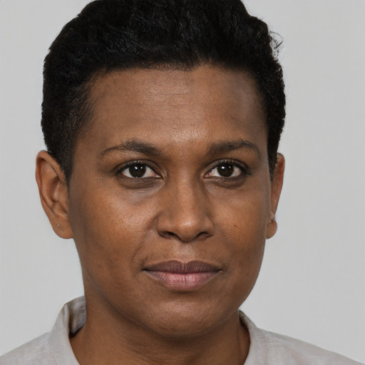 Joyful black young-adult female with short  brown hair and brown eyes