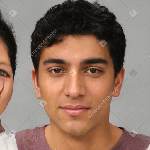 Neutral white young-adult male with short  black hair and brown eyes