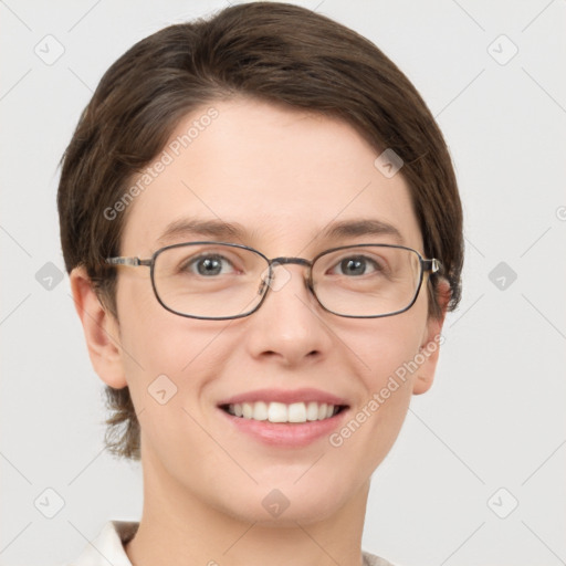 Joyful white young-adult female with short  brown hair and grey eyes