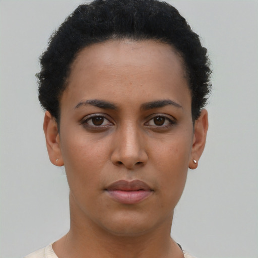 Neutral latino young-adult female with short  black hair and brown eyes