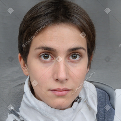 Neutral white young-adult female with short  brown hair and brown eyes