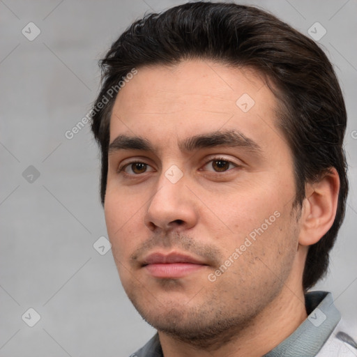 Neutral white young-adult male with short  brown hair and brown eyes