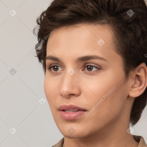 Neutral white young-adult female with short  brown hair and brown eyes