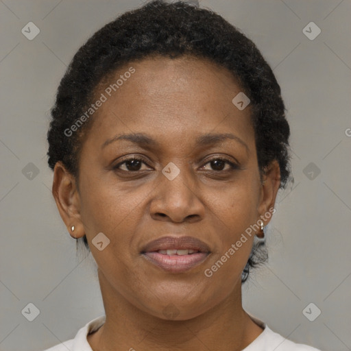 Joyful black adult female with short  brown hair and brown eyes