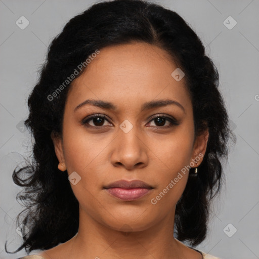 Joyful latino young-adult female with medium  black hair and brown eyes