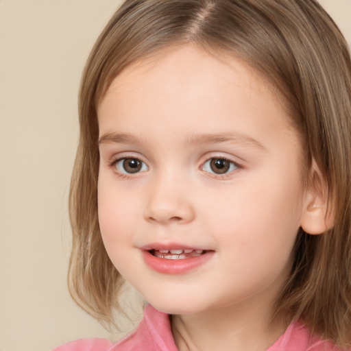 Joyful white child female with medium  brown hair and brown eyes