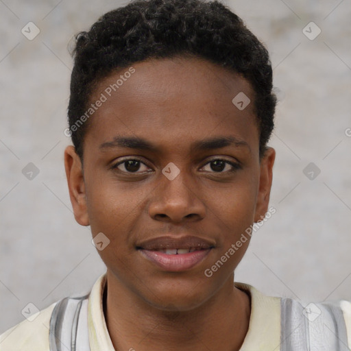 Joyful black young-adult male with short  brown hair and brown eyes