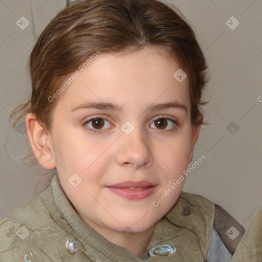 Joyful white child female with medium  brown hair and brown eyes