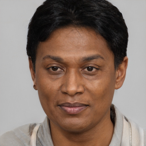 Joyful latino adult female with short  black hair and brown eyes