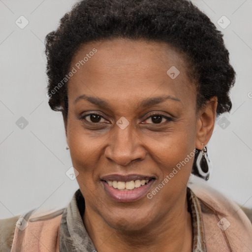 Joyful latino adult female with short  brown hair and brown eyes