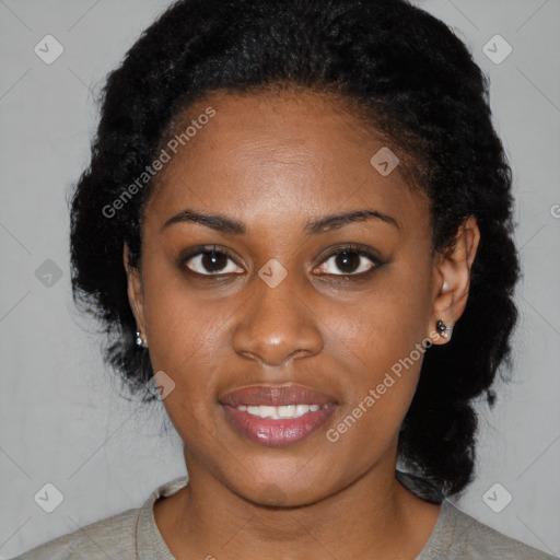 Joyful black young-adult female with medium  black hair and brown eyes