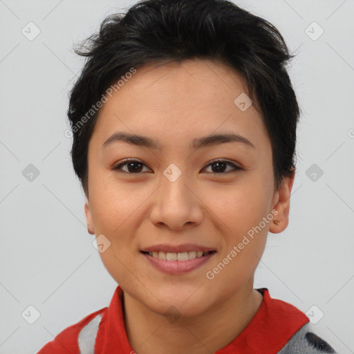 Joyful asian young-adult female with short  brown hair and brown eyes