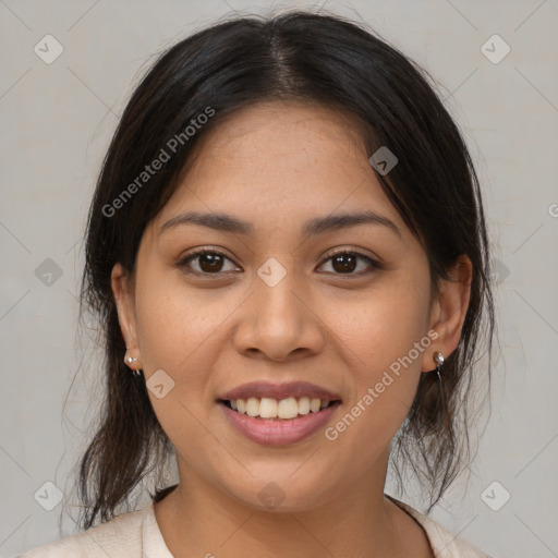 Joyful white young-adult female with medium  brown hair and brown eyes