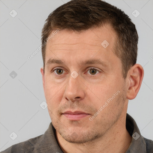 Neutral white adult male with short  brown hair and brown eyes