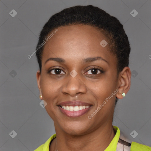 Joyful latino young-adult female with short  brown hair and brown eyes