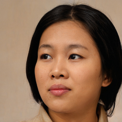 Neutral asian young-adult female with medium  black hair and brown eyes