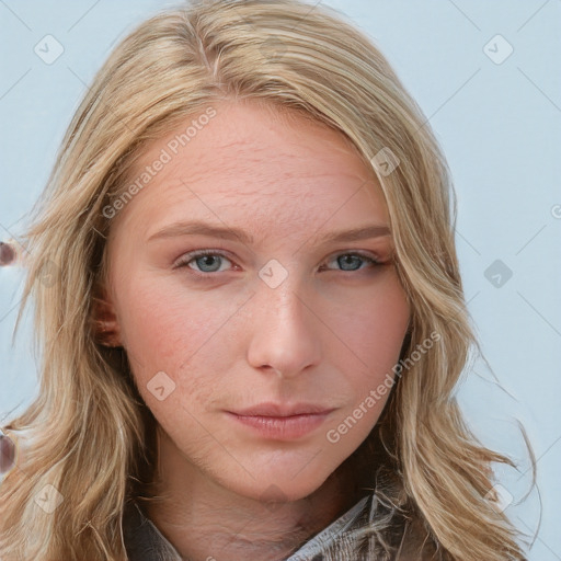 Neutral white young-adult female with medium  brown hair and blue eyes