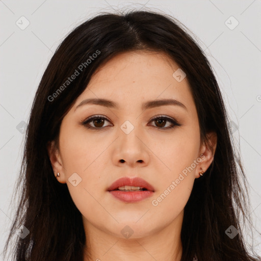 Neutral asian young-adult female with long  brown hair and brown eyes