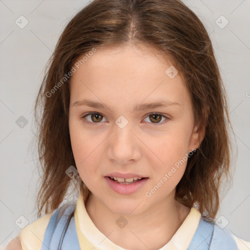 Joyful white child female with medium  brown hair and brown eyes