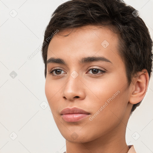 Neutral white young-adult male with short  brown hair and brown eyes