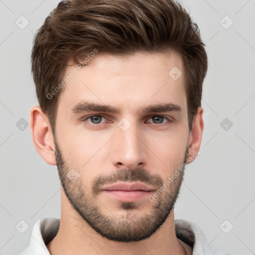 Neutral white young-adult male with short  brown hair and brown eyes