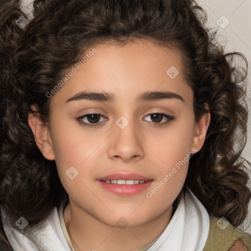 Joyful white child female with medium  brown hair and brown eyes