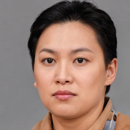 Neutral asian young-adult female with short  black hair and brown eyes