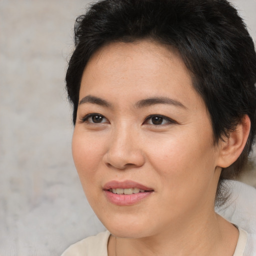 Joyful asian young-adult female with short  brown hair and brown eyes